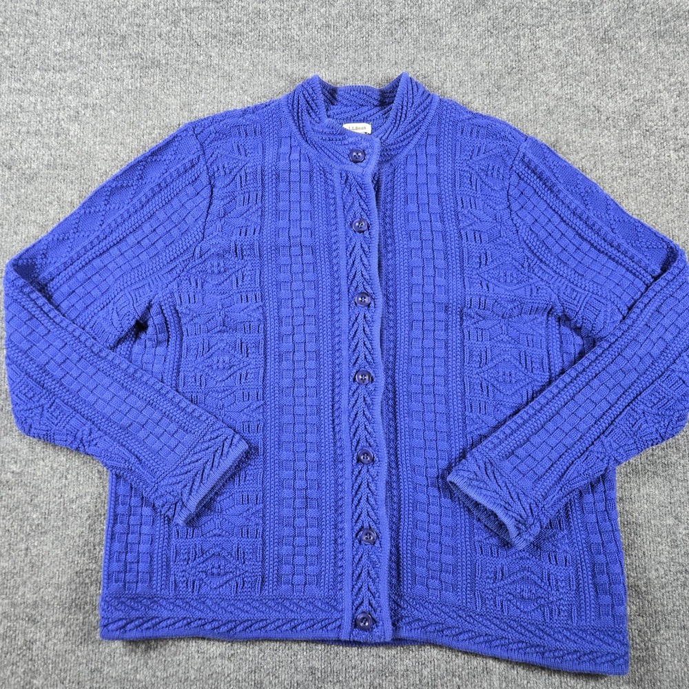 L.L.Bean Cardigan Sweater Womens 1X Blue Cable Knit Button Front Mock Neck